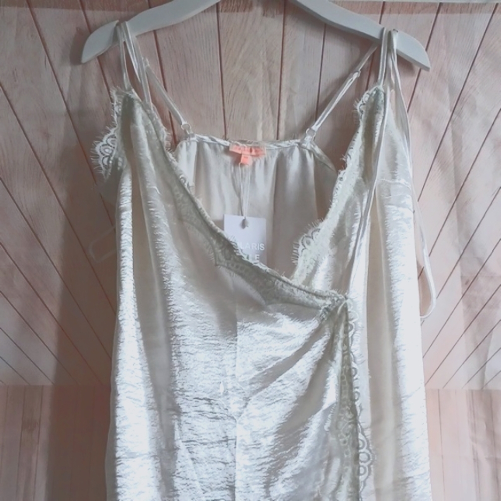 Sexy Solaris Style White Satin Wrap Dress pearl color with lace
